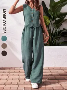Women's Solid Color Tank Top & Wide Leg Pants Two-piece Set, Casual Sleeveless V Neck Top & Pants for Daily Wear, Ladies Two-piece Outfits for Summer