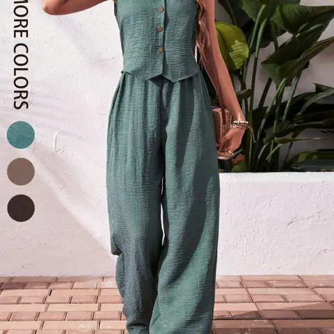 Women's Solid Color Tank Top & Loose Wide Leg Baggy Pants Two-piece Set Suits, Casual Minimalist Sleeveless V Neck Top & Pants for Daily Wear, Ladies Two-piece Outfits for Summer Two Pieces Outfits
