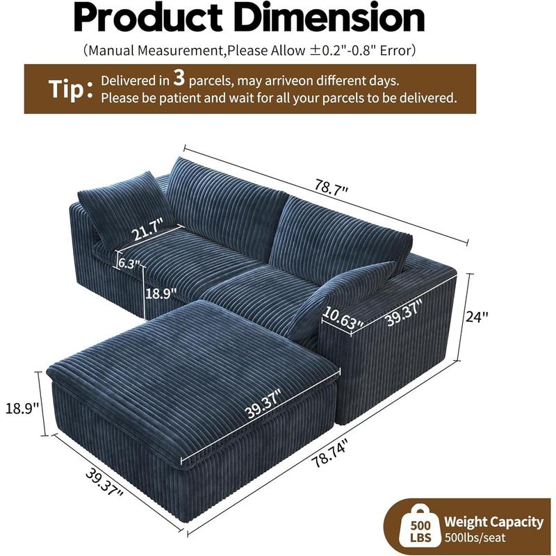 ARCH 78.74" L Shaped Modern Sofa Modular Sectional Cloud Couch with Ottoman,Upholstered Couches with Plush Corduroy Fabric for Living Room Furniture,Bedroom and Apartment,No Assembly Required,Blue