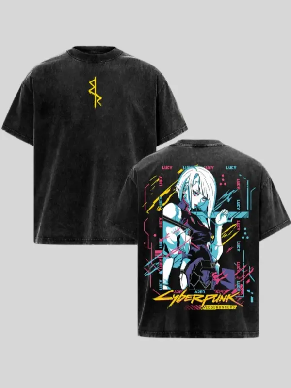 Retro Limited Edgerunners Neoncore Lucy Unisex Acid Washed Lightweight TShirt, Edge Runner Shirt, Cyberpunk Edgerunners, Lucy Shirt, Fabric Top Cotton Menswear Man Streetwear Tropical Crewneck Short Sleeve
