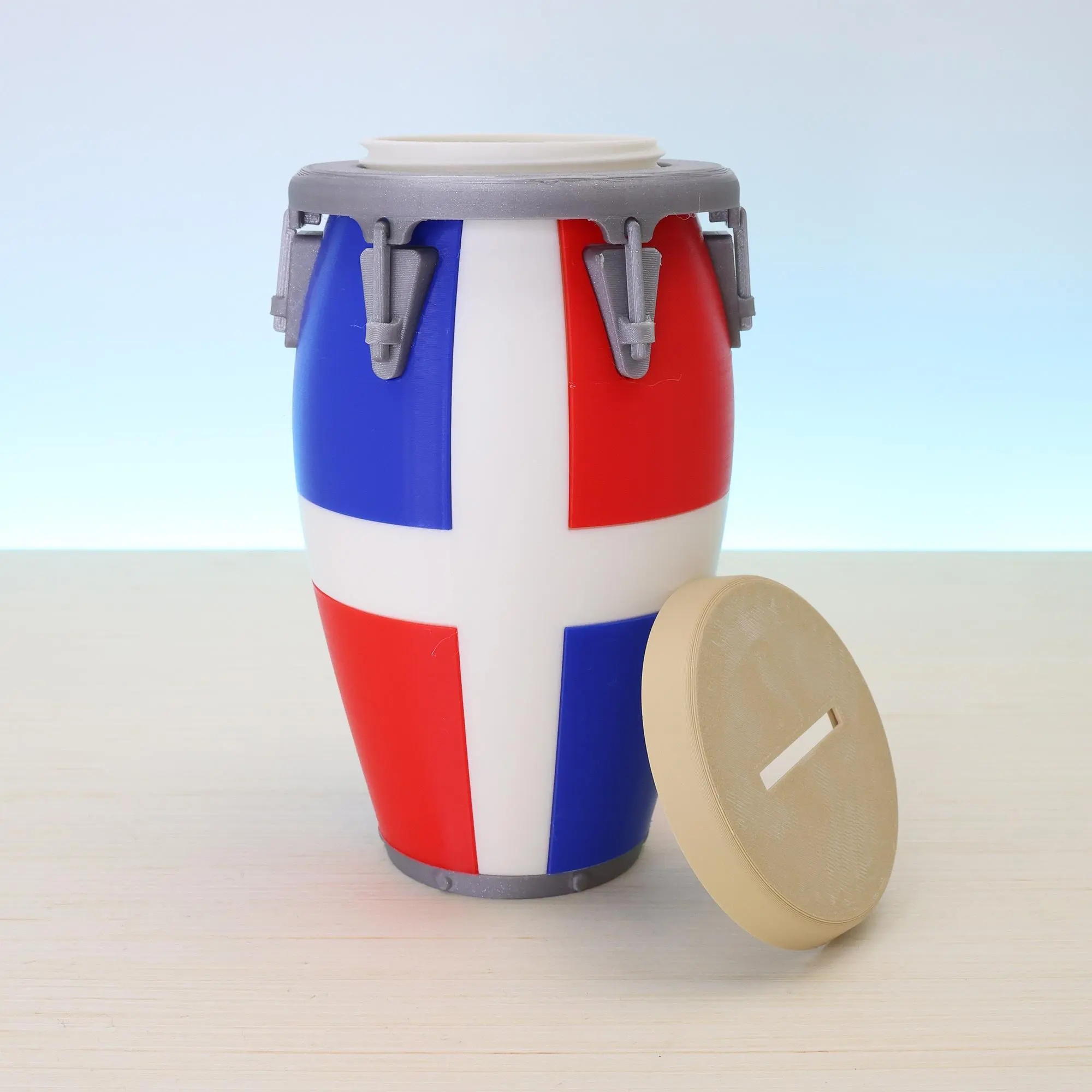 Dominican Flag Conga Drum Piggy Bank Handcrafted Vibrant Colors Authentic Design Durable Ornaments 7 Inches Height Cultural Flair PLA Material