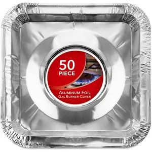 Disposable 50 Pack 8.5 Inch Square Aluminum Foil Gas Burner Liners Stove Burner Covers Range Protector to Catch Oil Grease and Food Spills