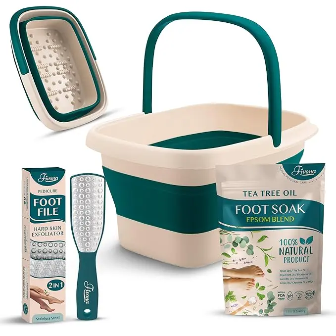 Fivona Foot Care Kit 3 in 1 - Foot Soak Blend with Epsom Salt, Tea Tree and Natural Oils - Collapsible Foot Soak Basin - Dual Action Foot File - Pedicure at Home