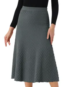 INSPIRE CHIC Women's Ribbed Knit A-Line Skirts Elastic High Waist Stretchy Sweater Midi Skirt
