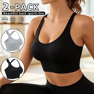 Set of 2 women’s seamless, shock-absorbing push-up sports bras without underwire, featuring a crisscross back design for an attractive back profile; lift-enhancing gel bra that is lightweight, comfortable, highly elastic, and provides soft support