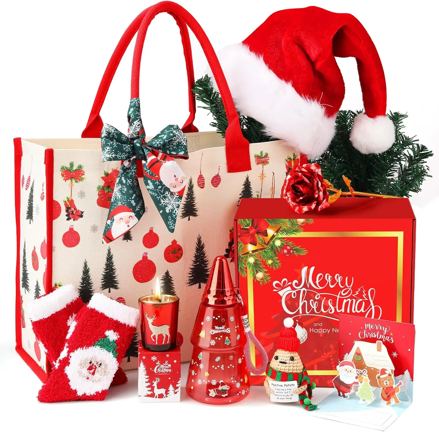 Christmas Gift baskets for Women, Christmas Gift Sets for Mom, Her, Wife, Girlfriend, Care Package for Women, Birthday Unique Gifts, Holiday Gifts Basket with Canvas Tote Bag Sock Tumbler Flower