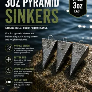 Fishing Terminal Tackle Pyramid Sinkers, 3-Pack 3oz Sinkers & Weights for Outdoor Fishing Activities