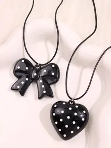 Elegant White Polka Dot Black Bow Heart Resin Pendant Necklace for Women - Versatile & Fashionable - Ideal for Everyday Wear, Holidays, Parties - Perfect Gift Idea