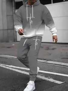 Digital Print Casual 2-Piece Set, Gradient Long Hoodie & Pants, Letter Print Knitwear, Regular Fit, Fall Winter Collection