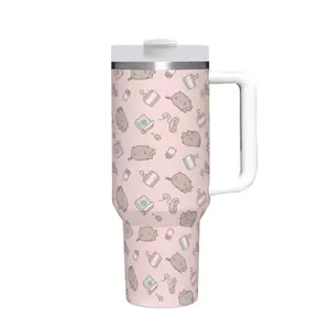 40oz Insulated Mug, Pusheen Cat colorful with intricate patterns Insulated Tumbler,Double-Wall Vacuum Insulated Stainless Steel with Straw Lid & Handle, Leak-Proof Thermal Mug Keeps Drinks Hot 12H and Cold 24H, Valentines Birthday Gift