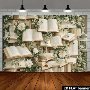 2D Vintage Book-Themed Backdrop with Floating Books & Floral - Thick Non-Fading Fabric Suitable for Photography Background, Live Stream Studio Decor, Bookshelf Wall Hanging for Home, Weddings, Birthdays, Indoor/Outdoor Use, 2D Flat
