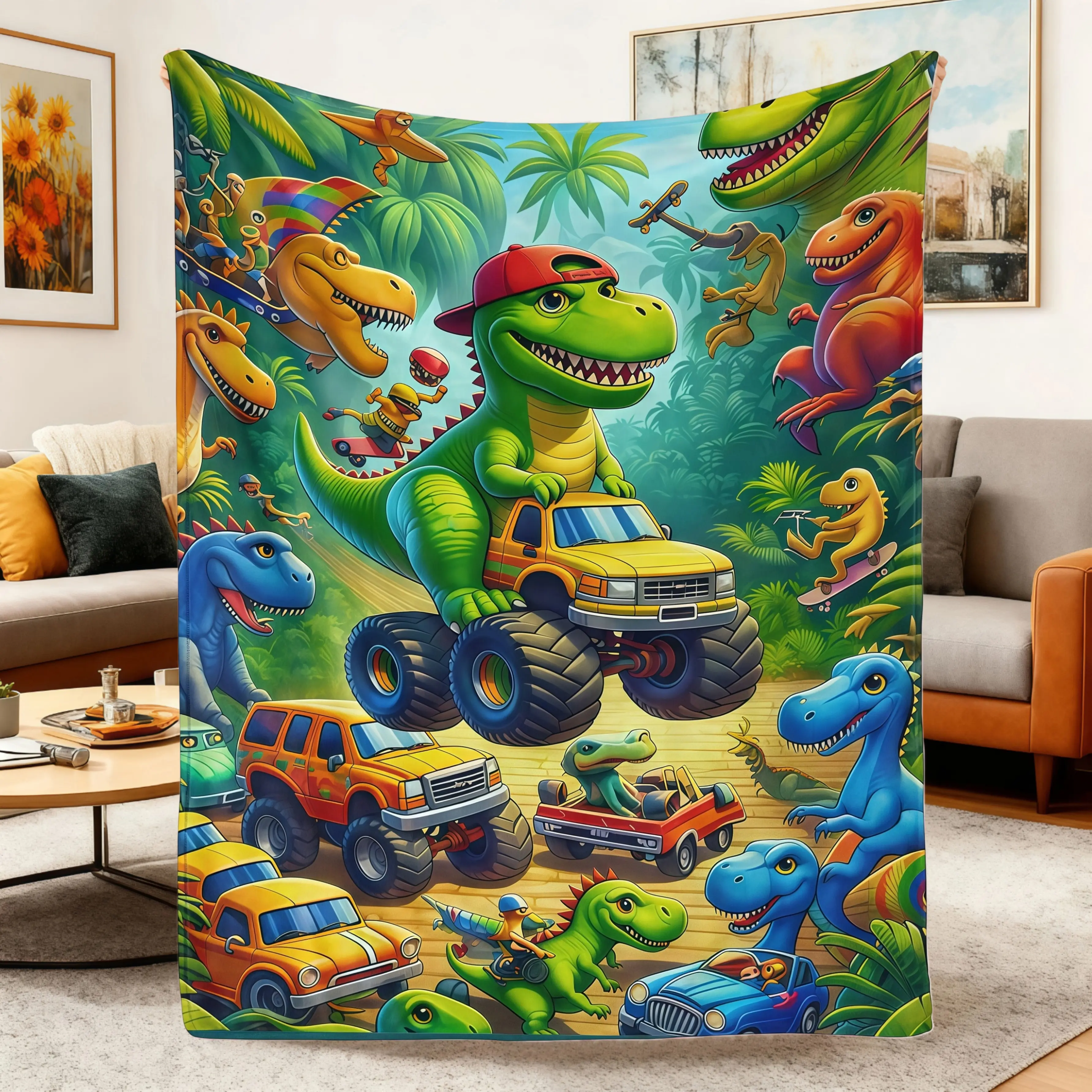 Soft Cozy Dinosaur Truck Flannel Throw Blanket - Funny Cartoon Dino Riding Truck Print, Lightweight, Ideal for Couch/Sofa/Bed, Cute Gift for Dino Lovers summerwins, Soft Cozy Blanket