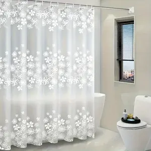 1pc Floral Printed Translucent Shower Curtain with Hooks, Bathroom Decor, White Flower Design, Elegant Home Essential for Modern Bathrooms, Bathroom Decor And Accessories