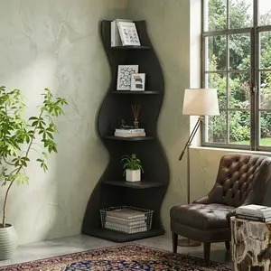70 Inch 5-Tier Modern Corner Bookshelf Irregular Floor Standing Display Cabinet with Back Panel Multifunctional Storage Shelf Easy Assembly Indoor Plant Stand Decor Furniture for Living Room Study Bedroom