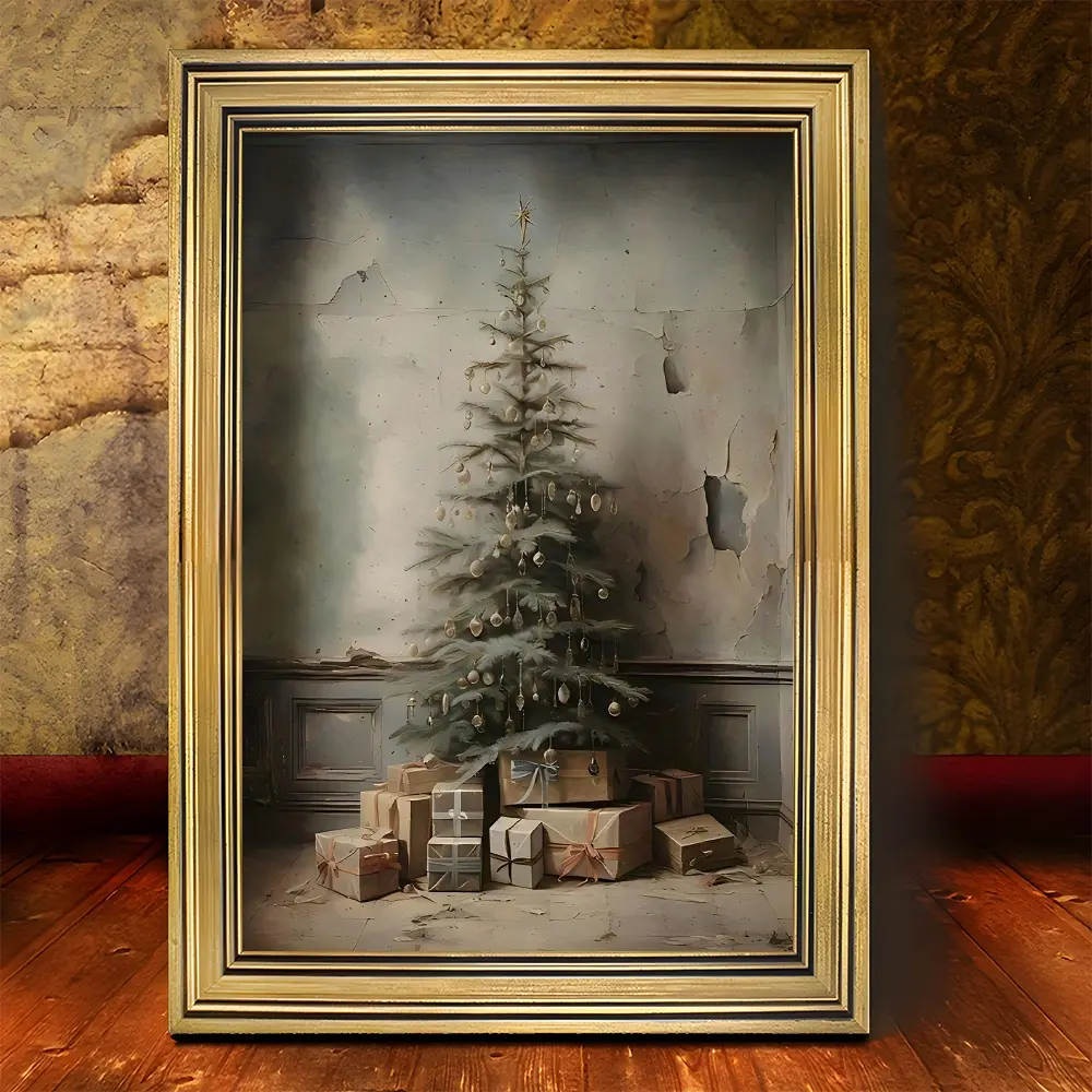 1pc Vintage Black Golden Frame Canvas Painting Christmas tree with gift boxes, Christmas present Give Family And Friends Holiday Gifts For Living Room, Home Wall Decoration