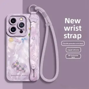 Lucky Purple iPhone Case with Wrist Strap 3D Horse Pendant Pearl Pattern Silicone Shockproof Protective Cover for iPhone 16 Brings Good Luck and Fortune