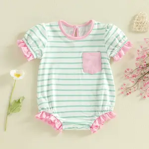 Newborn Baby Girl Stripe Bubble Romper Ruffle Trim Short Sleeve Crew neck Jumpsuit Casual Spring Summer Clothes
