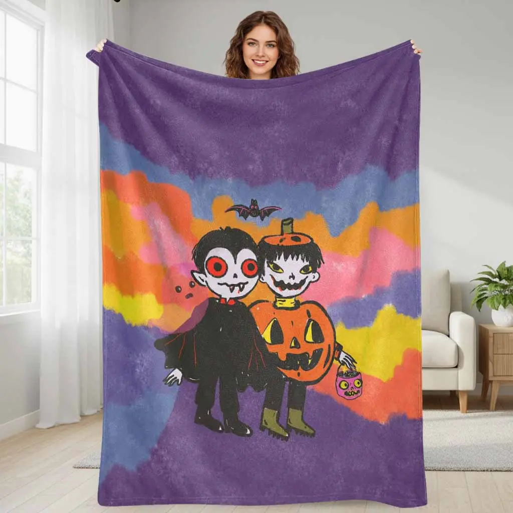 Vampire and Pumpkin Flannel Blanket Spooky Halloween Aesthetic Print Ultra Soft Lightweight Breathable Texture Perfect for Living Room Couch Sofa Nap Office Nap Birthday Gift Holiday Party Decor