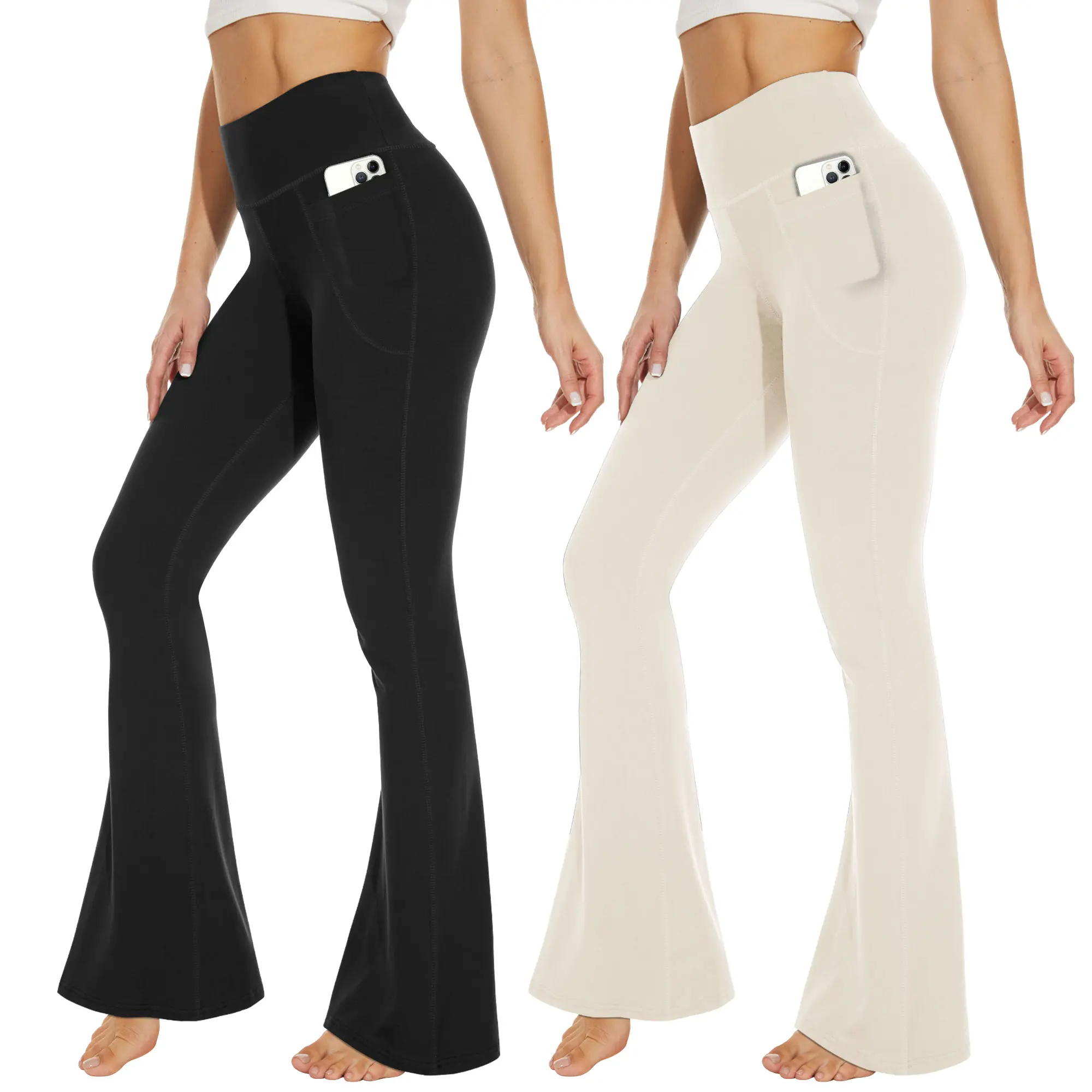 Showitty Women's 2-Pack Crossover Waist Sports Leggings, High-Waisted Stretch Flare Pants with Hands-Free Pockets, Waist Stays Put, Plus Size Available, Leg Day Appropriate Sports Bottoms, Crossover Waist Women's Sports Leggings