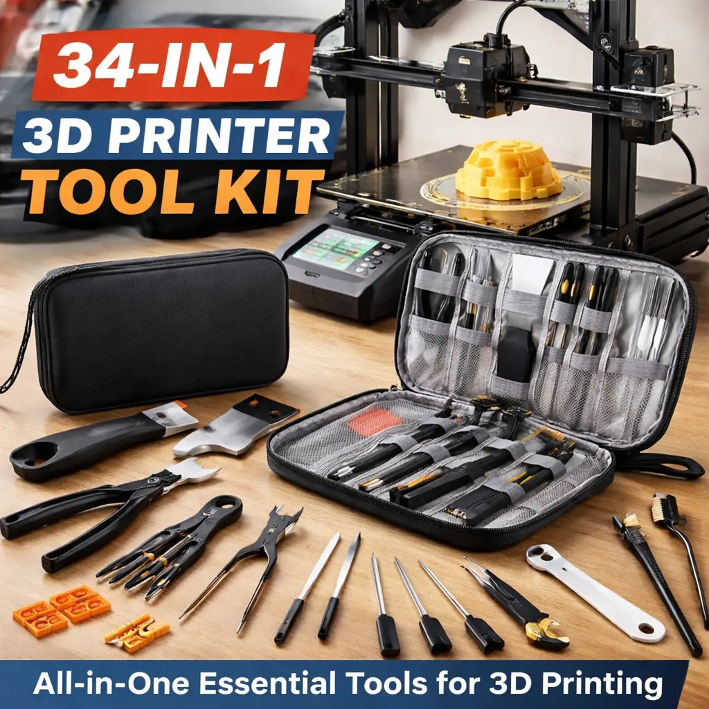 34-Piece 3D Printer Tool Kit – Cleaning & Finishing Accessories for All FDM/SLA Printers – Includes Nozzle Needles, Scrapers, Files, Wire Cutter, Engraving Knife – Essential Maintenance Set