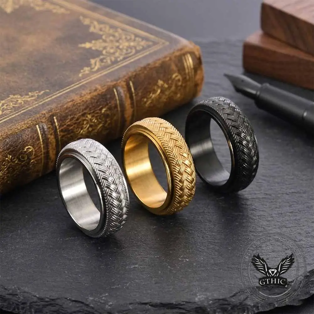 GTHIC Minimal Woven Textured Stainless Steel Rotatable Spinner Ring Calming Unisex Jewelry Great for Daily Casual Wear and Office Outfits
