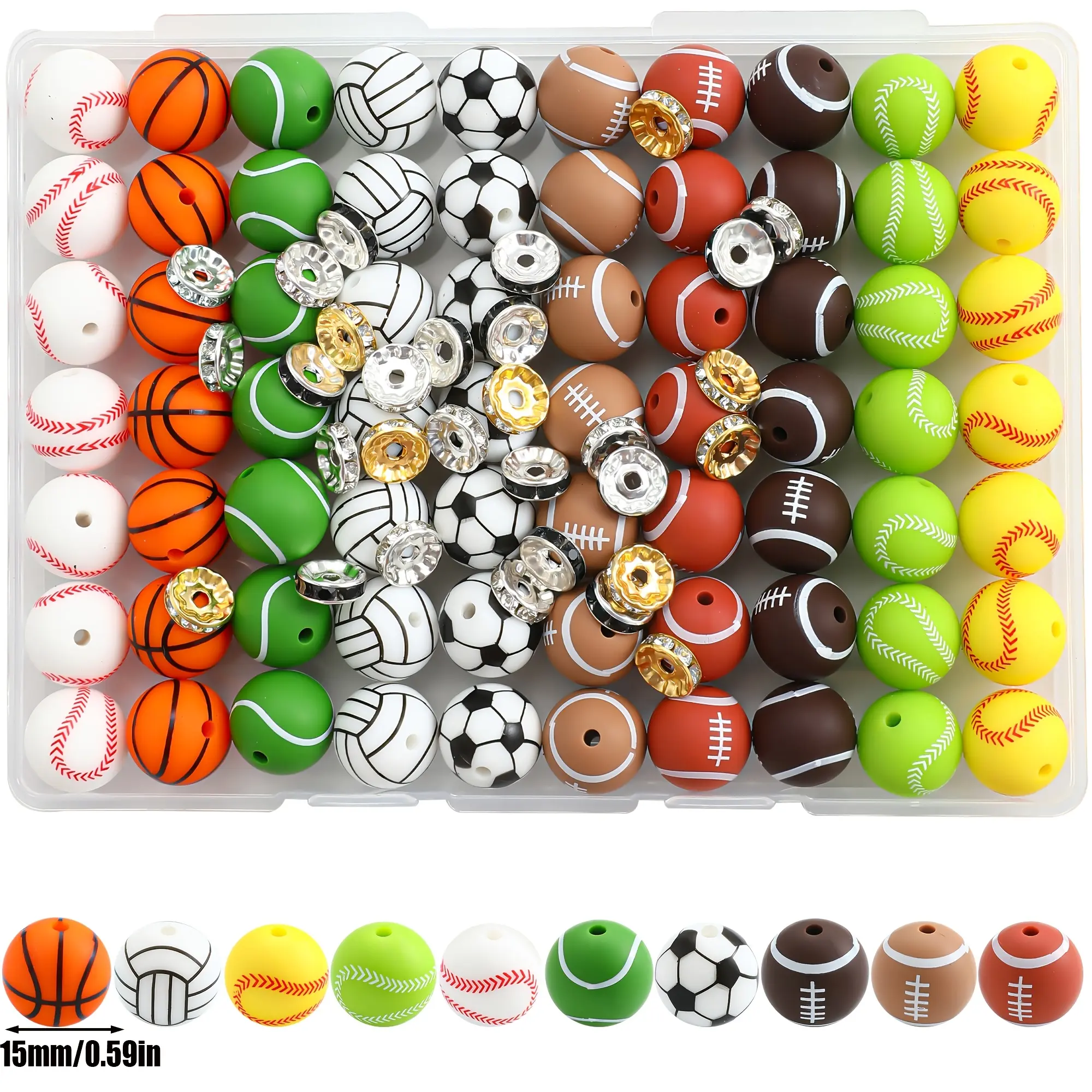 103 pieces of sports series silicone beads, 15mm round silicone beads, crystal spaced beads, suitable for DIY handmade necklace, bracelet, keychain, bag chain, mobile phone chain, jewelry items beads, handicraft decoration, and various festival gifts.
