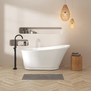 59" Acrylic Freestanding Bathtub, White Modern Stand Alone Soaking Bathtub, Brushed Nickel Drain and Minimalist Linear Design Overflow Included, cUPC Certified, 02568T-BN   WL RR