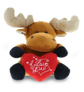 DOLLIBU 6" Fluffy Plush Red Stuffed Moose Toy - Soft Fabric, Embroidered "I Love You" Heart Message, Adorable Cuddly, Ideal Romantic Gift