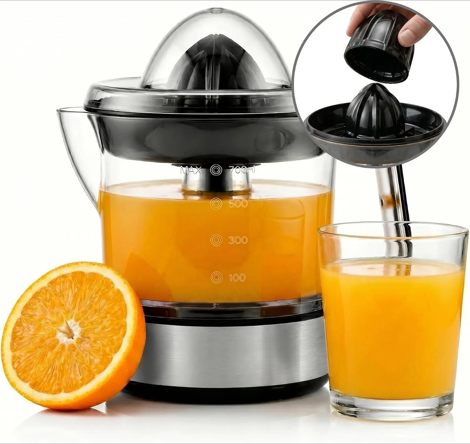 Electric Citrus Juicer, Compact, Large Volume, Pulp Control, Oranges, Lemons, Limes, Grapefruits with Easy Pour Spout, 24oz, Black/Stainless Steel