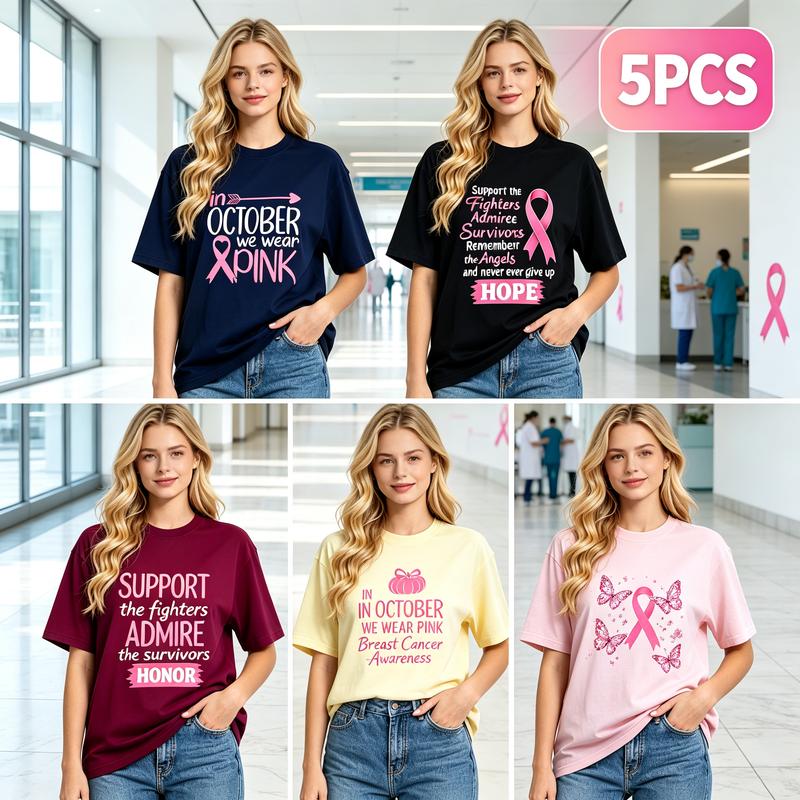 Womens Breast Cancer Awareness T Shirts 5 Pack Pink Ribbon In October We Wear Pink Support Fighters Graphic Oversized Short Sleeve Crew Neck Tee Bundle Set