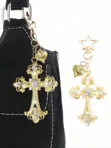 Luxury Cross Pendant Keychain with Heart Charm, Bow and Sparkling Zircon, Y2K Style, Ideal Gift for Friends and Couples