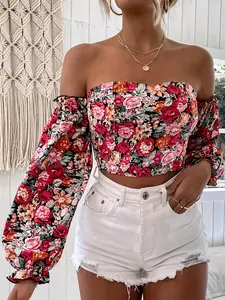 American Style Sexy One-Shoulder Floral Long Sleeve Fit Top, French Vintage Waist Cinch Bra, Lantern Sleeve Bubble Sleeve, Summer Fashion