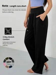 Women's Sporty Solid Color Pocket Pants, Casual Comfy Breathable Wide Waistband Trousers for Outdoor Workout Running, Ladies Sportswear for All Seasons, Sports Bottoms