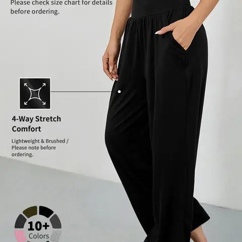Women's Sporty Solid Color Pocket Pants, Comfy Breathable Wide Waistband Outdoor Workout Running Trousers, Ladies Sportswear for All Seasons, Workout Clothes Women