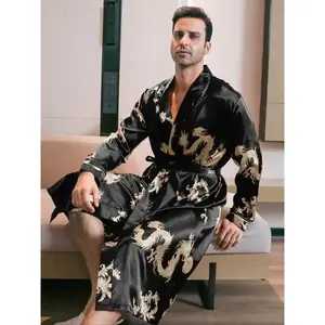 Men's All Over Dragon Print Satin Robe with Waist Belt Design, Regular Fit Long Sleeve Shawl Collar Dressing Gown, Summer Men's Sleepwear Menswear Loungewear