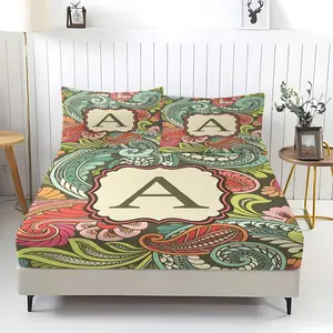 3Pcs Vintage Colorful Paisley Letter A-M Fitted Sheet Set, Resistant Mattress Protector, Machine Washable Bedding Set, Bohemian Room Decor for Dorm Room, Small Apartment, Guest Room, without Pillow Core