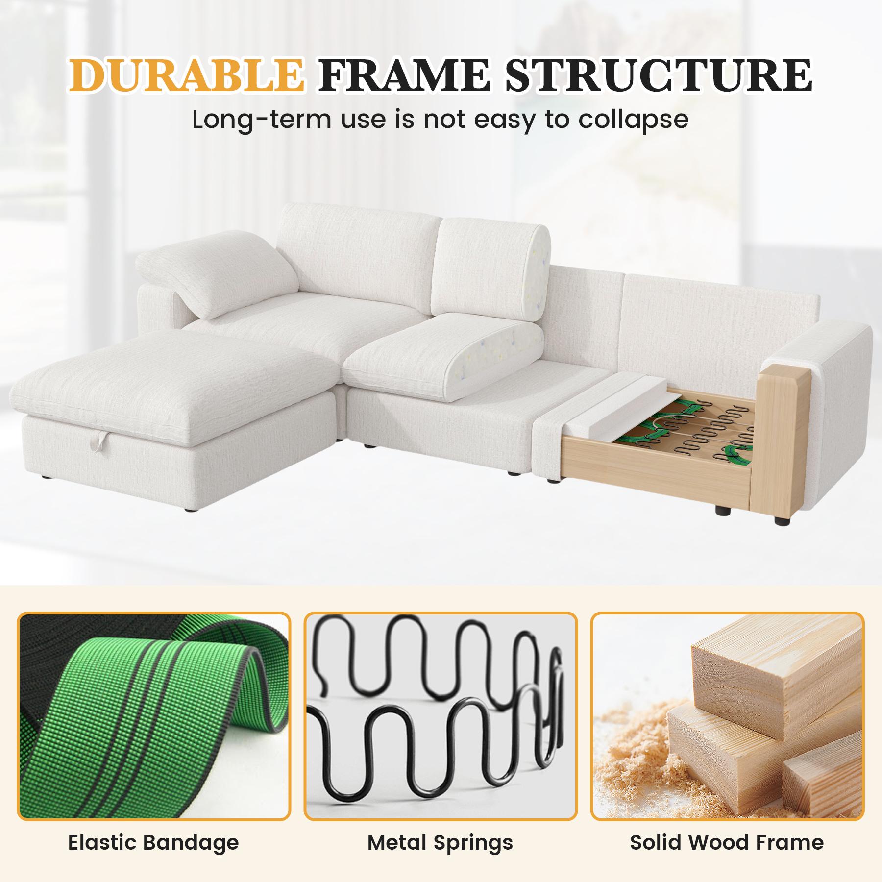 【Shipped in four Packages】118" L Shaped Modular Sectional Sofa, Oversized 3-Seater Convertible Cloud Couch, Modern Chenille Sectional Couches for Living Room, Cream White 1 PCS