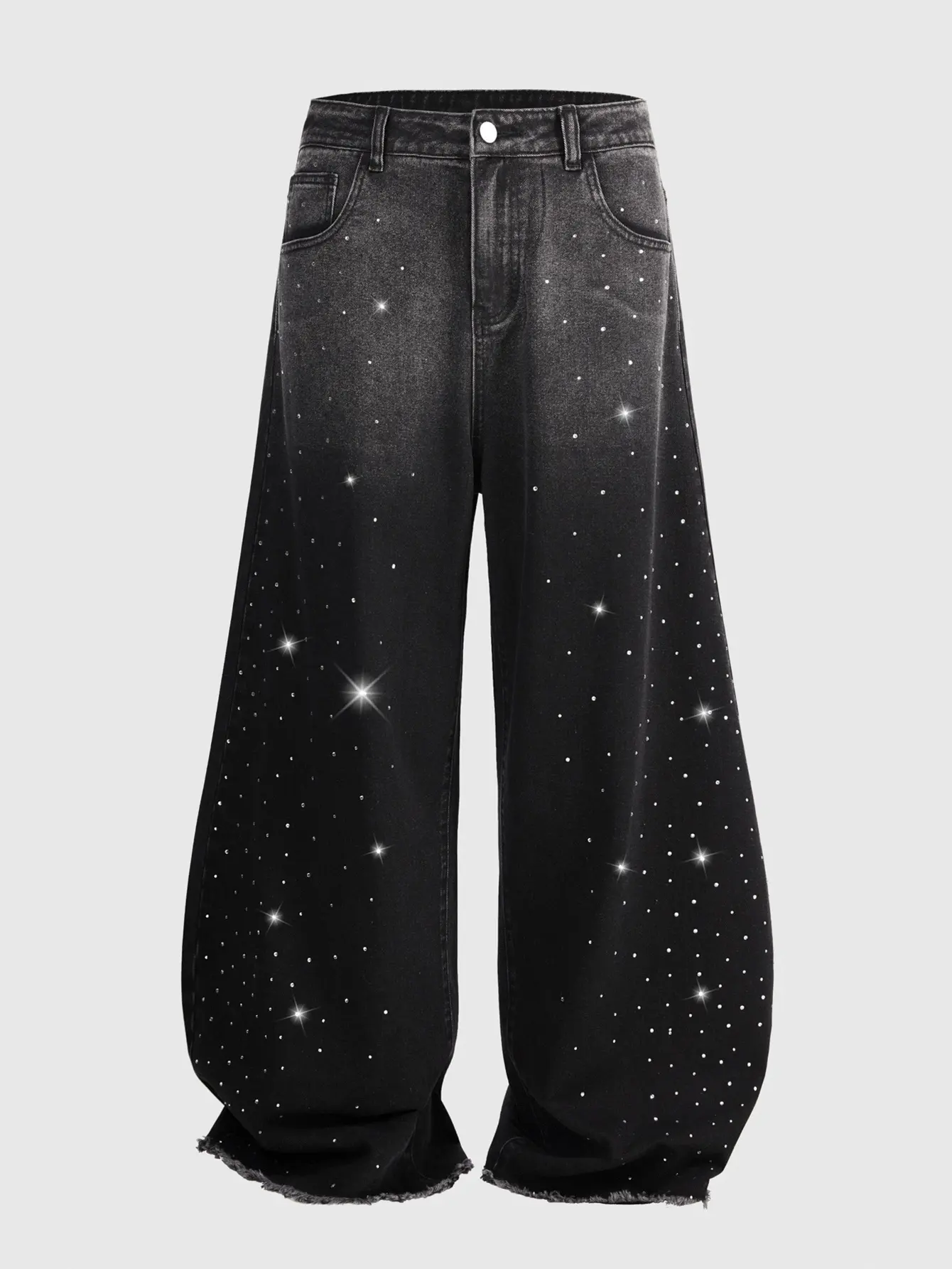 Loose Fit Rhinestone Embellished Pocket Wide Leg Jeans