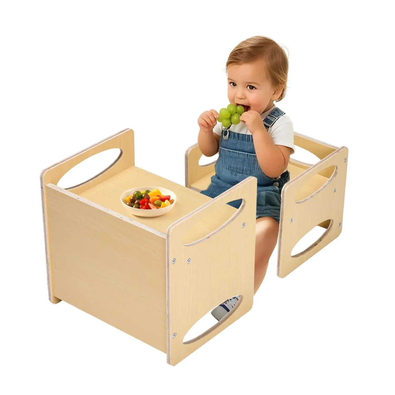【summerfinds】VEVOR Montessori Weaning Table and Chair Set, Wooden Toddler Table and Chair Set for Aged 1-5, Adjustable Height Kids Montessori Chair and Activity Table, Ideal for Reading, Eating, Playing - Natural