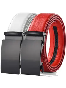 Men's Alloy Automatic Buckle Belt, Genuine Leather Casual Belt, Simple Style Belt for Men in Black White Red Coffee Blue, Belts Men