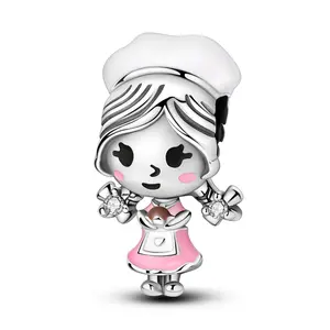 MULA Silver-Plated Baking Girl Fairy Tale Pendant - Pink Enamel, Cubic Zirconia, a heartwarming gift for ladies inspired by a cooking apron, compatible with Pandora bracelets.
