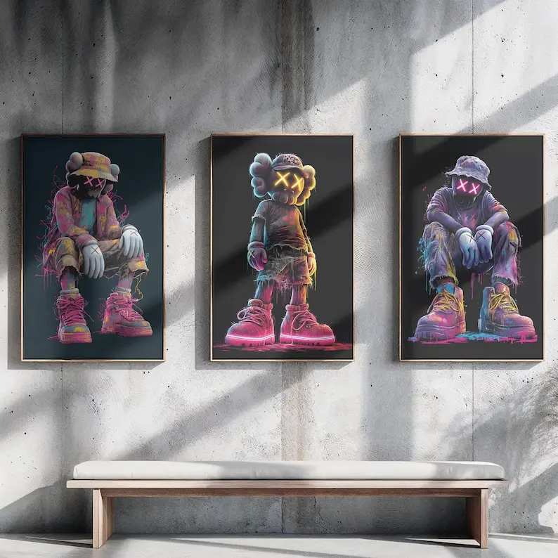Set 3 Inspired Neon Graffiti Wall Art Set, Hypebeast & Urban Graffiti Inspired Home Decor - No Frame
