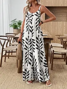 Women's Summer Daily Bohemian Resort Style Plant Leaf Pattern Side Seam Pocket Design Strap Jumpsuit Home Outdoor City Regular Trendy Casual Elegant Youthful Simple Versatile Textured Stylish Literary