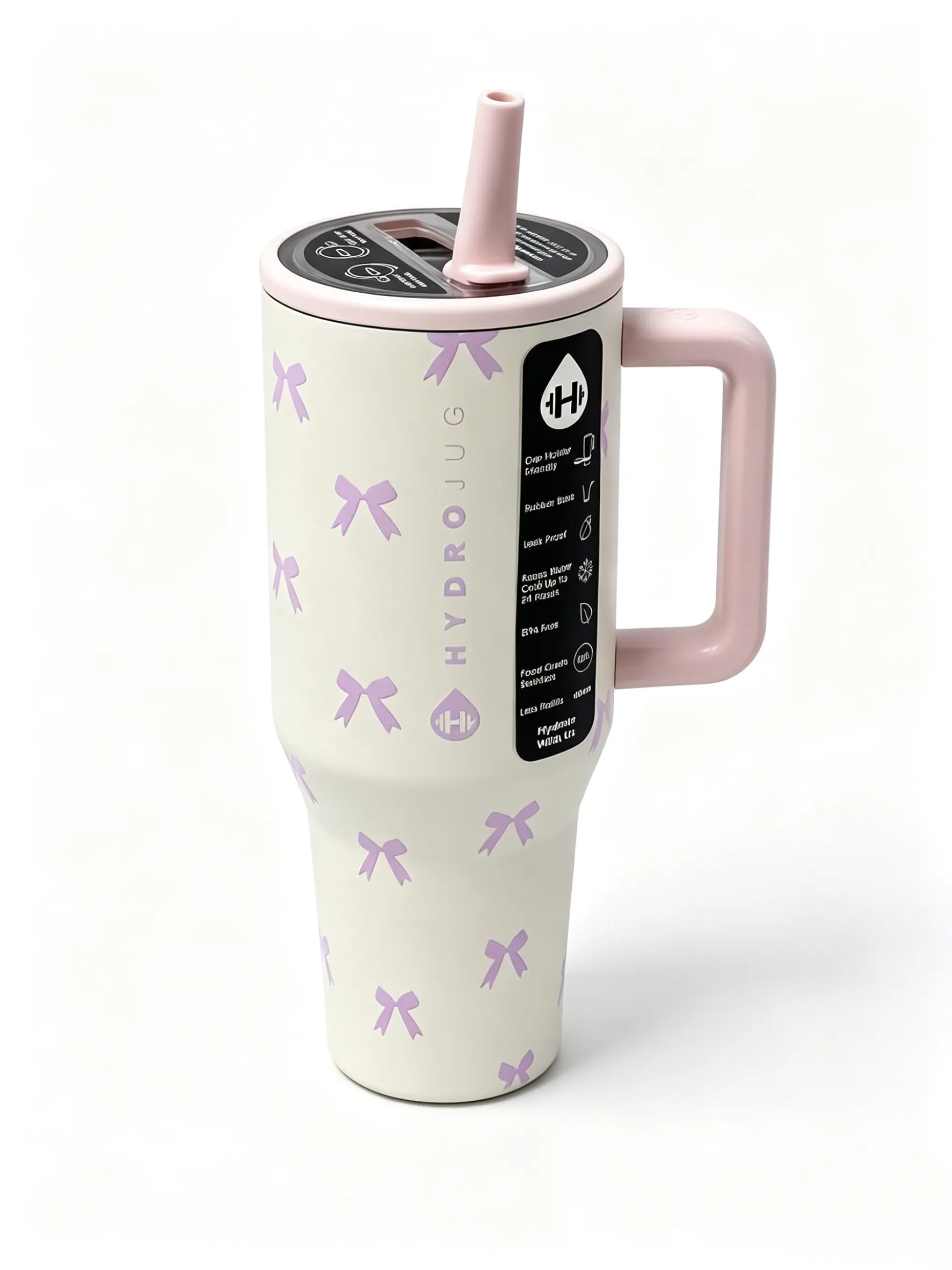 HydroJug 40oz Light Purple Bow-Ribbon Print Insulated Stainless-Steel Tumbler - Leak-Proof Straw Lid, 24-Hour Cold Retention, BPA-Free, Rubber Base, Car Cup Holder Friendly, Ideal for Gym, Travel, Daily Use
