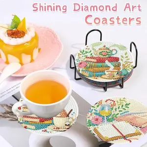 8 Pcs Literary Book & Tea DIY Diamond Painting Kit, Full Diamond Cup Coasters w/Storage Rack & Tools – Heat-Resistant Table Protectors & Cozy Home Decor; Ideal for Book Lovers, Tea/Coffee Enthusiasts, Craft Fans & Valentine’s Day Gifting