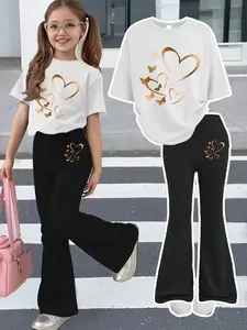 Girls' Summer Casual Comfort Fashion Set, Fashion Style Sets, Fashion Clothes Set, Cartoon Pattern Printed Round Neck Short Sleeve T-Shirt + Bell Bottom Pants Two-Piece