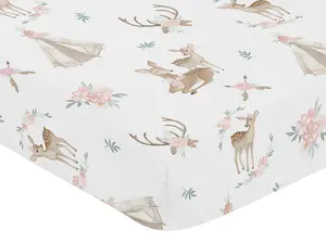 Sweet Jojo Designs Fitted Baby Crib Sheets (Woodland Deer Floral) for Girls, Infant Nursery, Toddler Room - Standard Size (Boho, Watercolor, Bohemian, Flowers, Shabby Chic, Blush Pink & Mint Green)