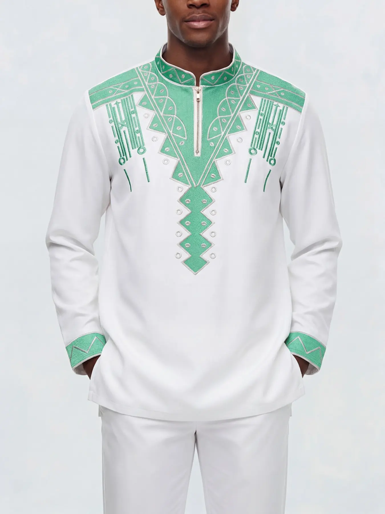 Men's New Party Style 2-Piece Set, Clothing Sets, Stand Collar, Embroidered, Zipper Front Long Sleeve Top, Drawstring Waist Pants, All Seasons, Business, Formal, Casual, Wedding