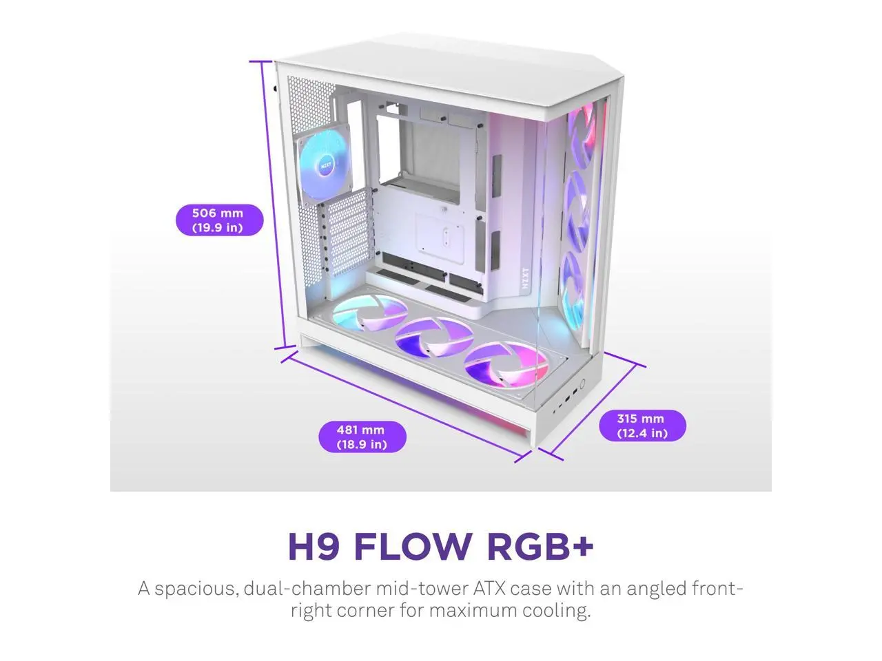 NZXT H9 Flow RGB+ (2025)  Large Dual-Chamber ATX Mid-Tower Airflow PC Case  Includes 7 RGB Fans (6 x 140mm, 1 x 120mm) & Control Hub  420mm Radiator Support  Back-Connect Ready  White