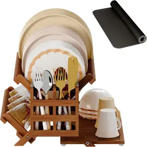 Teak Dish Drying Rack with Utensil Holder, 3 Tier Collapsible Dish Rack, Wooden Dish Racks for Kitchen Counter, Large Folding Drying Holder with Absorbent Dish Drying Mat